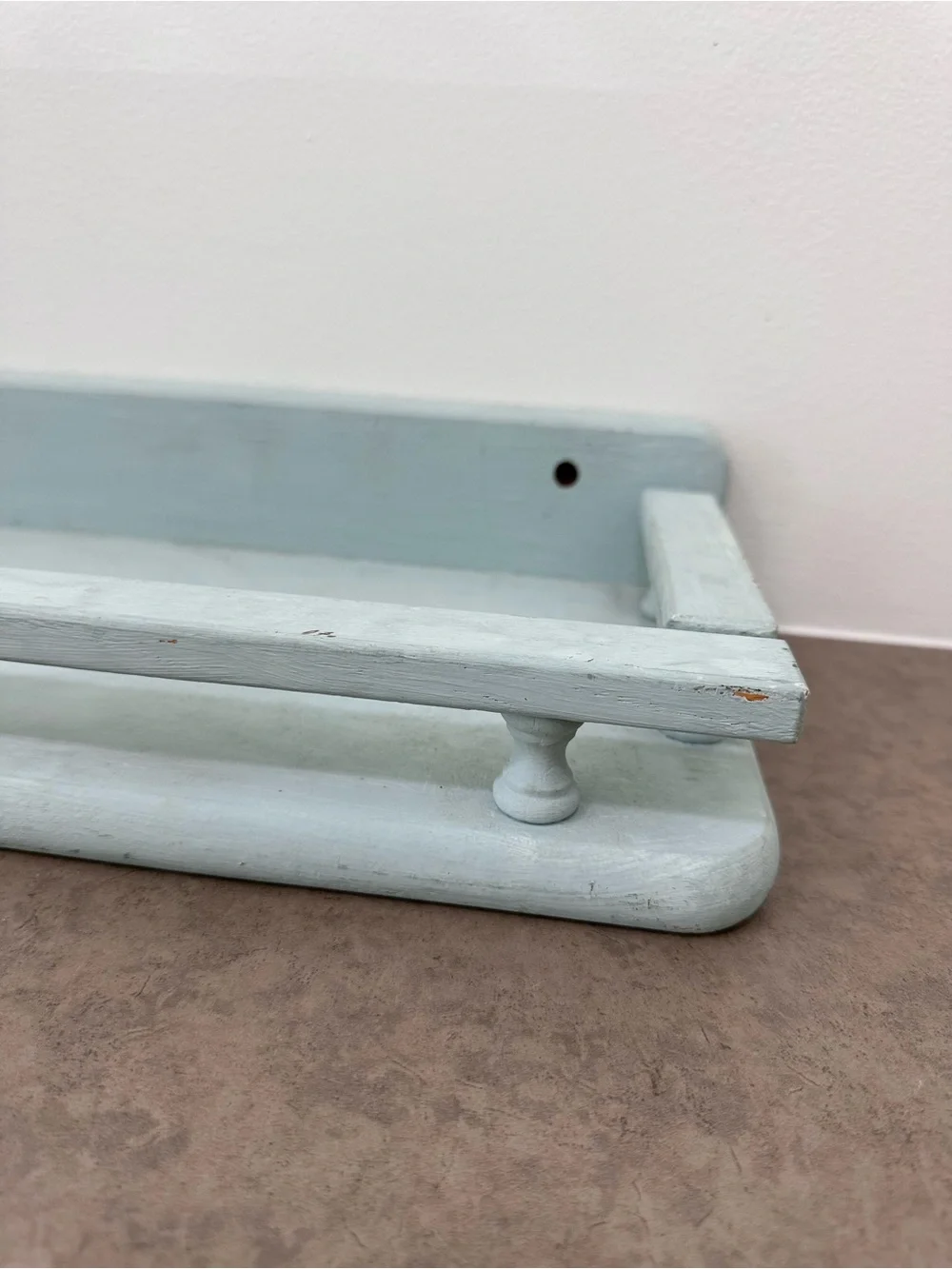 Vintage-Inspired Light Blue Painted Wood Wall Shelf Spindle Gallery Rail 20 x 8”